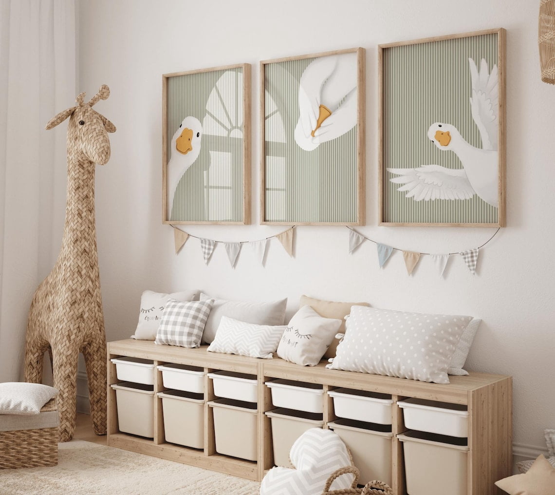 Sage Green Stripes Goose Nursery Wall Art Peekaboo Room Decor Peeking ...