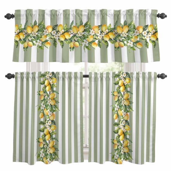 Sage Green Stripes Kitchen Curtains Sets for Windows 24 Inch Length, Summer Spring Botanical Lemon Leaves Rod Pocket Window Treatments Tier Curtains and Valances Set for Bedroom/Bathroom