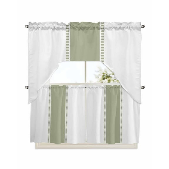 Sage Green Stripes, Kitchen Curtains Swag Valance and Tier Curtains Set 24 Inch Length, Geometric Pure Solid Color Rod Pocket Drape Panels Pair Swag Curtains for Bathroom/Cafe/Window