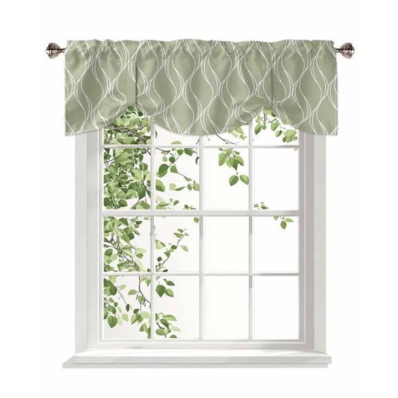 Sage Green Stripes Lines Tie Up Valances Curtain, Adjustable Kitchen Abstract Waves Striped Classic Valances for Windows Decor, Rod Pocket Short Curtains Set for Bedroom/Bathroom, 60"x18"