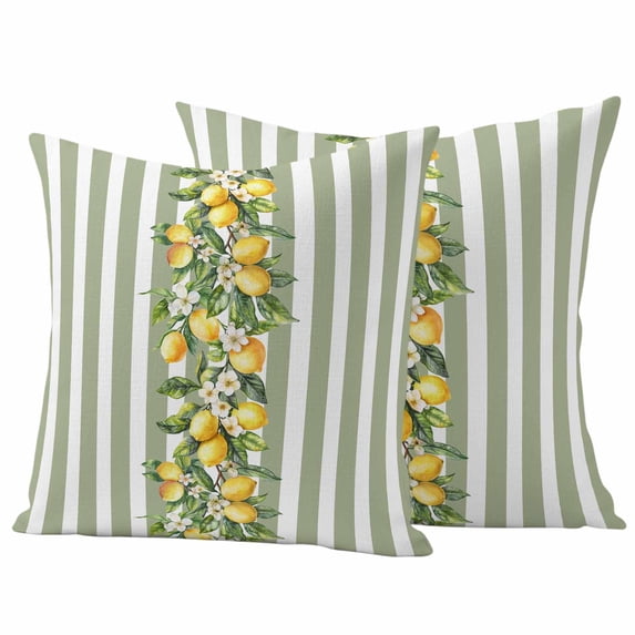 Sage Green Stripes Outdoor Waterproof Pillow Covers, Summer Spring Botanical Lemon Leaves Decorative Square Throw Pillowcase Sofa Cushion Sham for Patio/Couch/Chair, 16"x16" 2 Pack