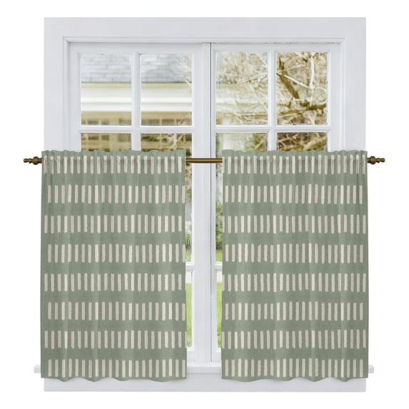 Sage Green Stripes Retro Kitchen Curtains 54 Inch Length, Modern Farmhouse Beige Striped Tiers Curtains for Bathroom Bedroom Cafe, Light Filtering Small Window Treatment Drapes 2 Panels 42"Wx54"L