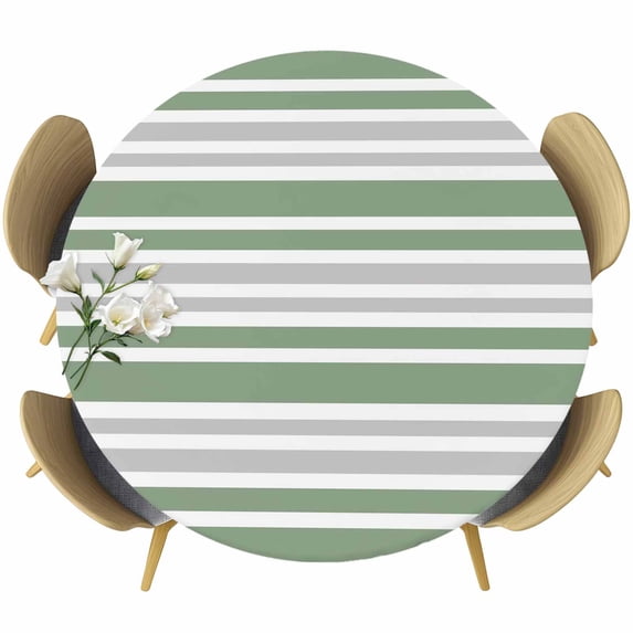 Sage Green Stripes Round Tablecloth, Fitted Table Cover with Elastic for 55"-60" Round Tables, Modern Minimalist Horizontal Ombre Lines Table Cloth Outdoor Indoor Dinning Party Waterproof Tablecloths