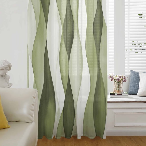 Sage Green Stripes Sheer Curtains 72 Inch Length, Light Filtering Voile Curtain Panel, Retro Farmhouse Abstract Ripple Rod Pocket Drapes Window Treatments for Living Room Bedroom 52"x72"