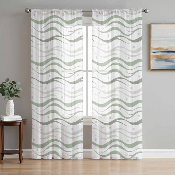 Sage Green Stripes Sheer Curtains 96 Inch Length 2 Panels Set Window Treatments, Modern Simple Gradient Waves Lines Rod Pocket Semi Curtains for Living Room/Bedroom/Kitchen Décor, 104"W x 96"L