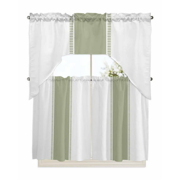 Sage Green Stripes, Swag Valance and Tier Curtains 36'' Length Set, Geometric Pure Solid Color Light Filtering Kitchen Curtains, Tier Curtain Valances for Bathroom/Living Room/Bedroom/Café
