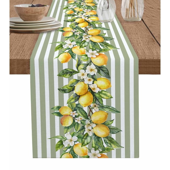 Sage Green Stripes Table Runner Cotton Linen 108 Inch Holiday Dresser Scarves, Summer Spring Botanical Lemon Leaves Tablerunner for Kitchen Coffee Dining Bedroom Dinner Scarf Décor 13''x108''