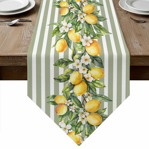 Sage Green Stripes Table Runner Linen Burlap Table Runner 72 Inches Long Summer Spring Botanical Lemon Leaves Dresser Scarves for Kitchen Island Coffee Dining Party Wedding Holiday Decor 14"x72"