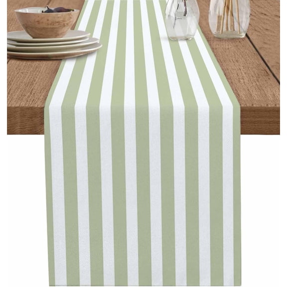 Sage Green Stripes Table Runners 90 Inches Long, Cotton Linen Fabric Table Runner Farmhouse White Simple Vertical Striped Tablerunner for Party/Kitchen/Dinner Decor 13.8x90