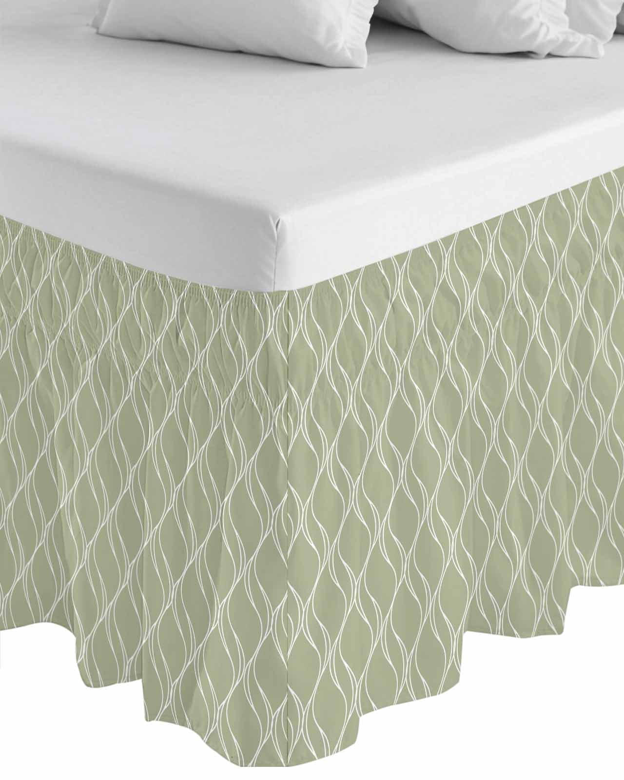 Sage Green Stripes Wrap Around Bed Skirts for California King Bed 16" Drop,Bed Skirt with Adjustable Elastic Belt Dust Ruffle Bed Valance Simple Geometric Modern Monochrome Bed Frame Cover
