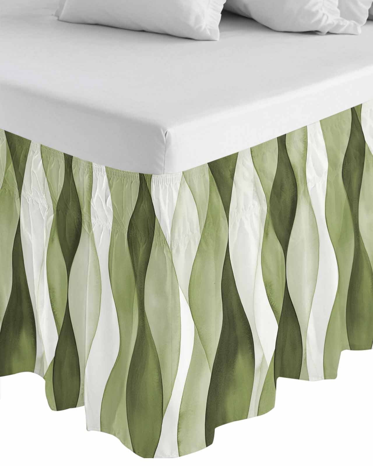 Sage Green Stripes Wrap Around Bed Skirts for King Bed 18" Drop,Bed Skirt with Adjustable Elastic Belt Dust Ruffle Bed Valance for Bedroom Hotel Luxury Retro Farmhouse Abstract Ripple Bed Frame Cover