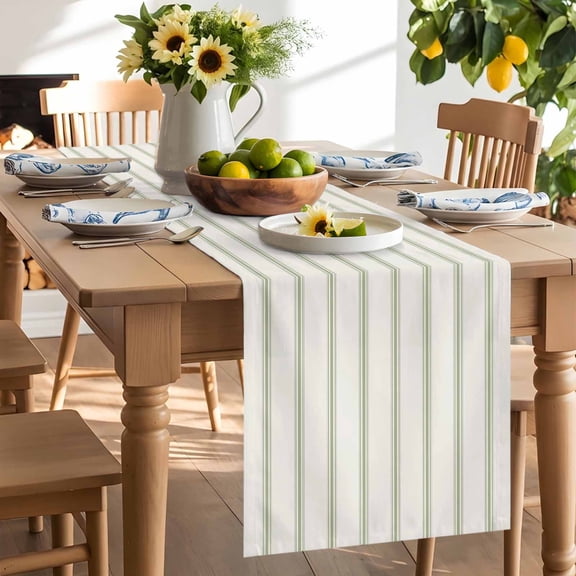 Sage Green Strips Table Runner, Classic Pink Lines Washable Kitchen Table Runners Dress Scarves for Dining Table Decorations Party/Restaurant/Indoor Outdoor Use, 13x36in