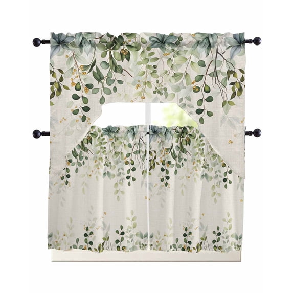 Sage Green Swag Kitchen Curtains Sets for Windows 24 Inch Length, Eucalyptus Leaves Short Window Curtain Panels Swags Valances and Tiers 3 Piece Set for Cafe/Dining Room