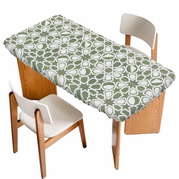 Sage Green Table Cloths for 3 Foot Rectangle Tables, Retro Abstract Morocco Geometric Texture Patio Waterproof Elastic Fitted Tablecloths, Washable Rectangular Table Cover for Camping
