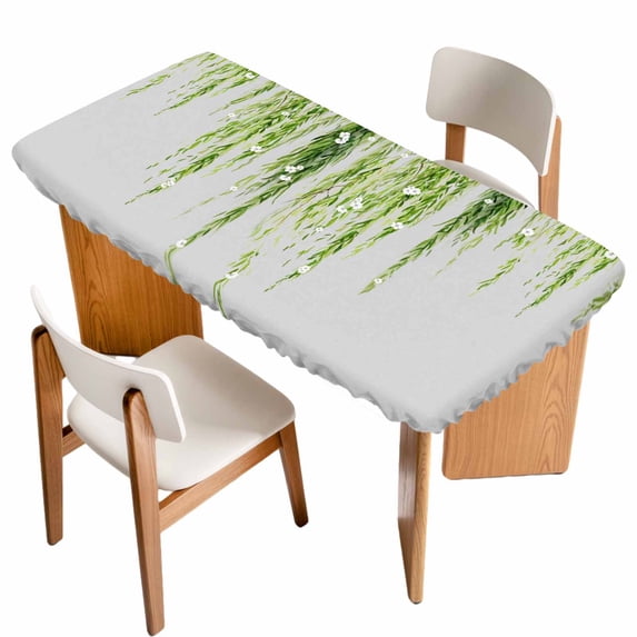 Sage Green Table Cloths for 3 Foot Rectangle Tables, Summer Botanical Leaves Watercolor Patio Waterproof Elastic Fitted Tablecloths, Washable Rectangular Table Cover for Camping