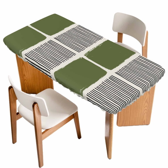 Sage Green Table Cloths for 4 Foot Rectangle Tables, Modern Painting Farmhouse Striped Abstract Art Patio Waterproof Elastic Fitted Tablecloths, Washable Rectangular Table Cover for Camping