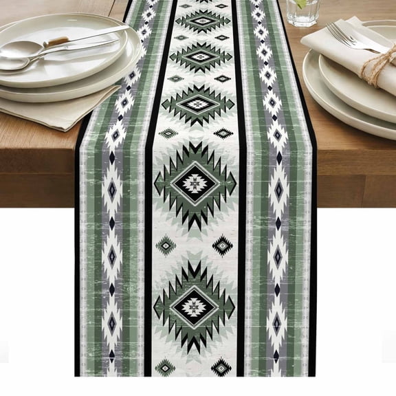 Sage Green Table Runner 13 x 36 Inch, Southwestern Native Aztec Ethnic Style Geometric Washable Cotton Linen Dining Table Runner Tabletop Decorations for Restaurant Home Kitchen Party