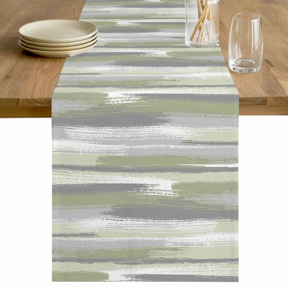 Sage Green Table Runner - 36 Inch Long Modern Abstract Grey Striped Art Cotton and Linen Blended Dress Scarves Farmhouse Table Runner for Kitchen Dining, Coffee Table, 13" x 36"