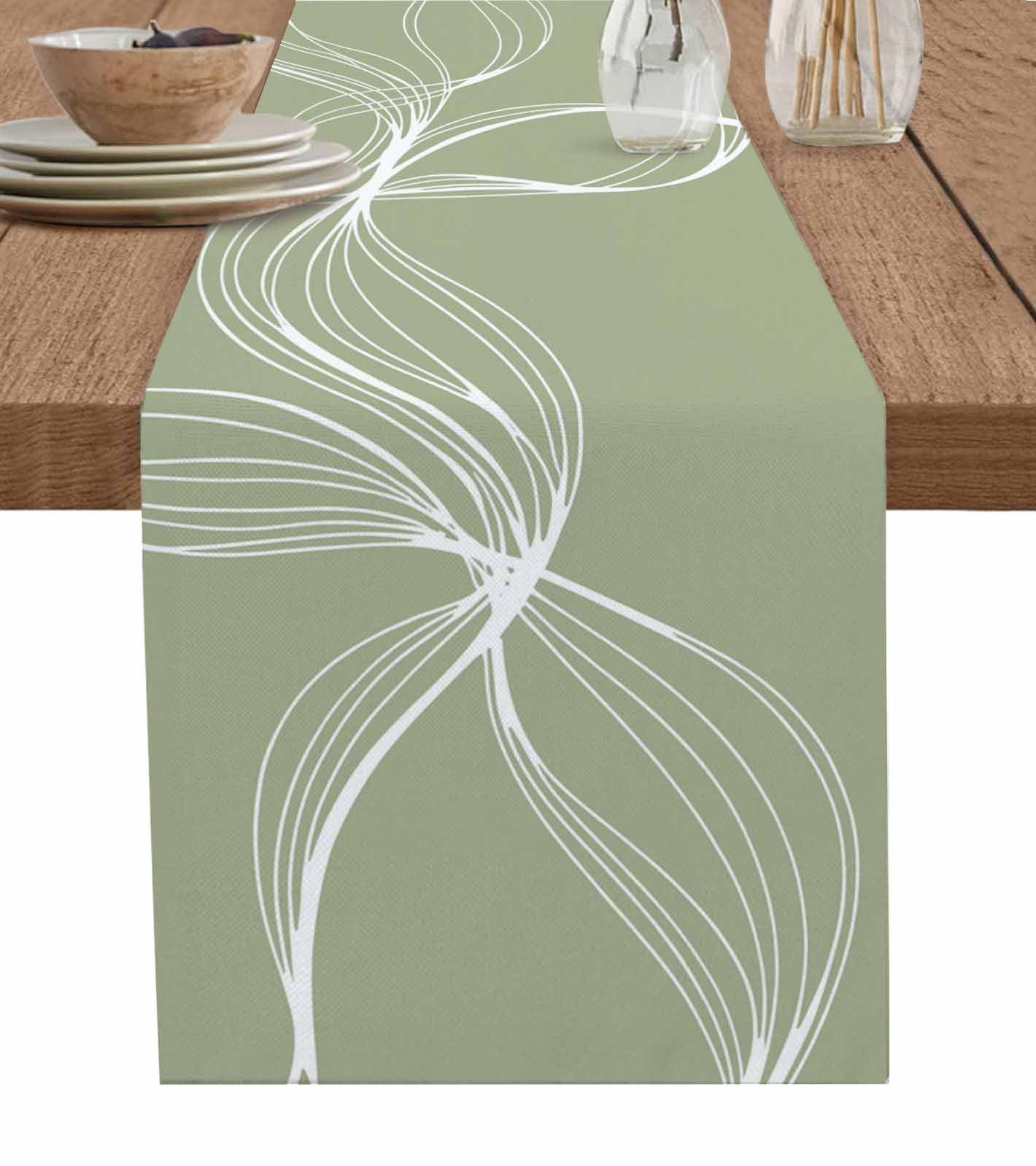 Sage Green Table Runner 36 Inches, Minimalist Abstract Modern White Art Bed Runner Dresser Scarves Tabletop for Indoor Outdoor Parties/Ceremony/Banquet, 13"x 36"
