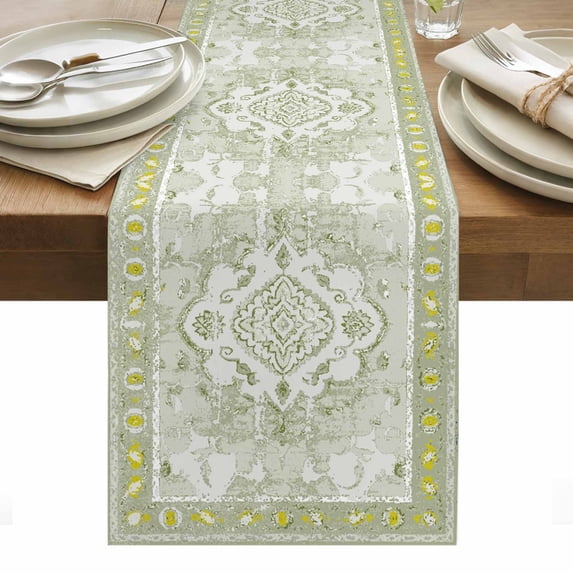 Sage Green Table Runner - 60 Inch Long, Kitchen Dining Table Runner Dresser Scarves, Boho Retro Decorative Abstract Floral Ethnic Farmhouse Decor for Coffee Tables Wedding Party Banquet