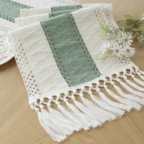 Sage Green Table Runner 72 Inches Long with Tassels Boho Macrame Farmhouse Table Runners for Home Decor Party Bohemian Rustic Bridal Shower Dining Decorations(12x72 Inches)