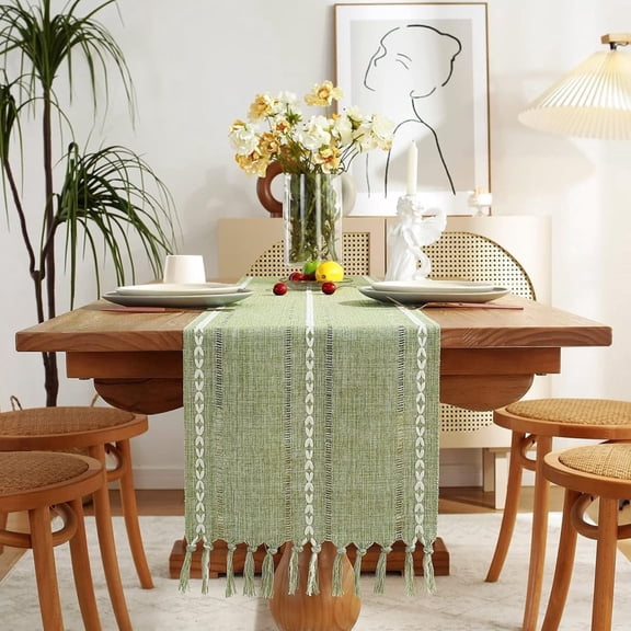 Sage Green Table Runner 72" Long - Linen Hemstitch Boho Farmhouse Decor for Dining, Kitchen, Coffee Table, Dresser & Party with Tassels