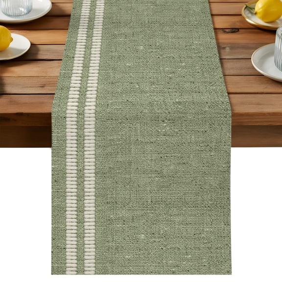Sage Green Table Runner, Oatmeal Beige Green Woven Fabric Texture Rustic Farmhouse Cotton Linen Kitchen Dining Table Runner Home Decor for Party Festival Holiday Decoration Gift 13x108in