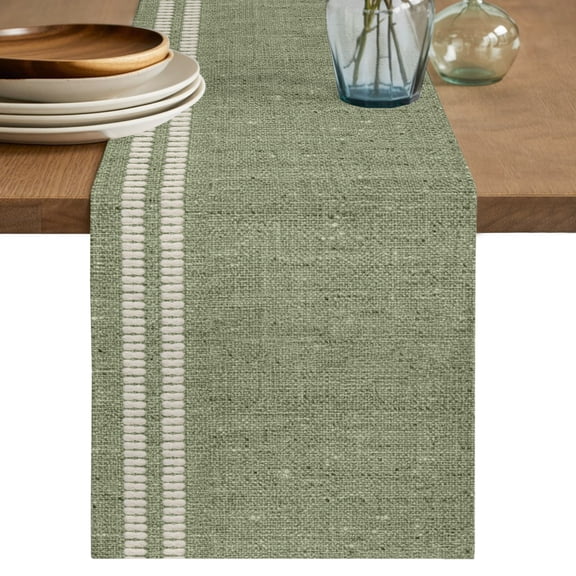 Sage Green Table Runner, Oatmeal Beige Green Woven Fabric Texture Rustic Farmhouse Cotton Linen Table Cloth, Tablerunner for Kitchen Dining Party Wedding Home Decor 13x60 Inch