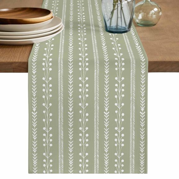 Sage Green Table Runner, Rustic Vertical Dashed Lines Shabby Chic Leaf Cottagecore Cotton Linen Table Cloth, Tablerunner for Kitchen Dining Party Wedding Home Decor 13x90 Inch