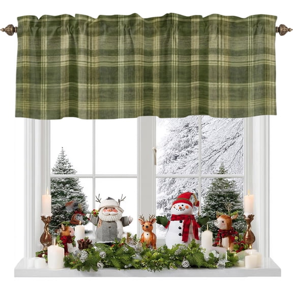 Sage Green Tartan Plaid Valances for Windows,Rod Pocket Valance for Kitchen Bedroom Bathroom Living Room, Vintage Distressed Tartan Window Valance Curtain Farmhouse Short Curtains 54x18in