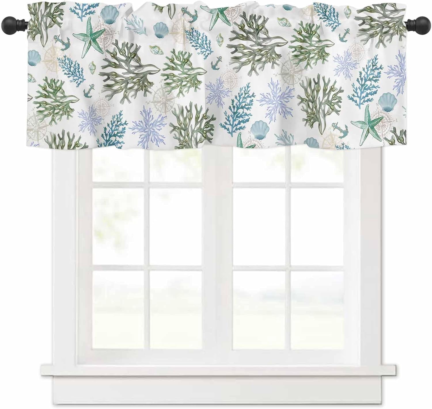 Sage Green Teal Coastal Valances for Windows Farmhouse Decor, Beach