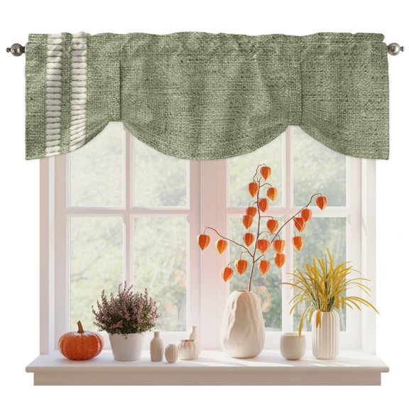 Sage Green Texture Tie Up Valance Curtains for Windows, Kitchen Curtains Window Treatments, Country Farmhouse Burlap Stripes Short Window Shades Valances for Bedroom Bathroom Cafe 42"x12"