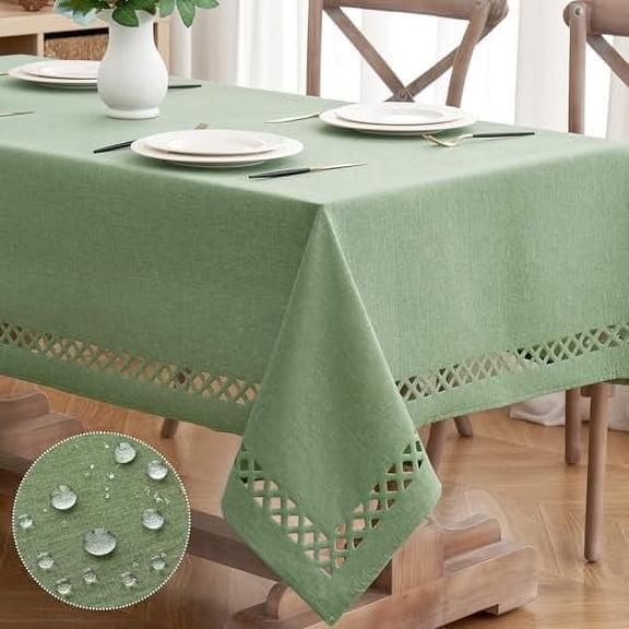 Sage Green Thick Polyester Linen Rectangle Tablecloth with Decorative Cutouts Waterproof Stain Resistant Table Cloth Spring Boho Farmhouse Table Cover for Dining Party Wedding, 52 x 70 inch