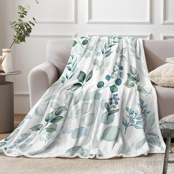 Sage Green Throw Blanket, Spring Throw Blanket for Couch Bed, Eucalyptus Leaves Floral Fleece Blanket, Camping Throw Blanket, Lightweight Soft Warm Cozy Blanket Plush Travel Throws ​Blankets,50"x40"