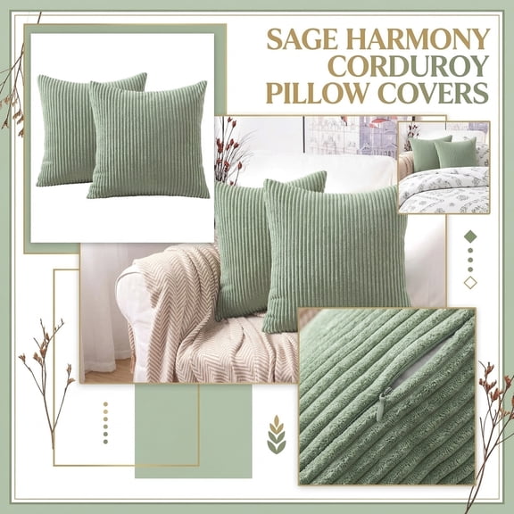 Sage Green Throw Pillows, 16X16 In, Corded Corduroy, Green Living Room Decor, Square Throw PillowsforCouch, Soft Woven Fabric, 2 Pcs