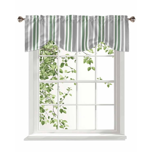 Sage Green Tie Up Valances Curtain, Adjustable Kitchen Gray Stripe Minimalist Vertical Stripes Modern Art Valances for Windows Decor, Rod Pocket Short Curtains Set for Bedroom/Bathroom, 60"x18"