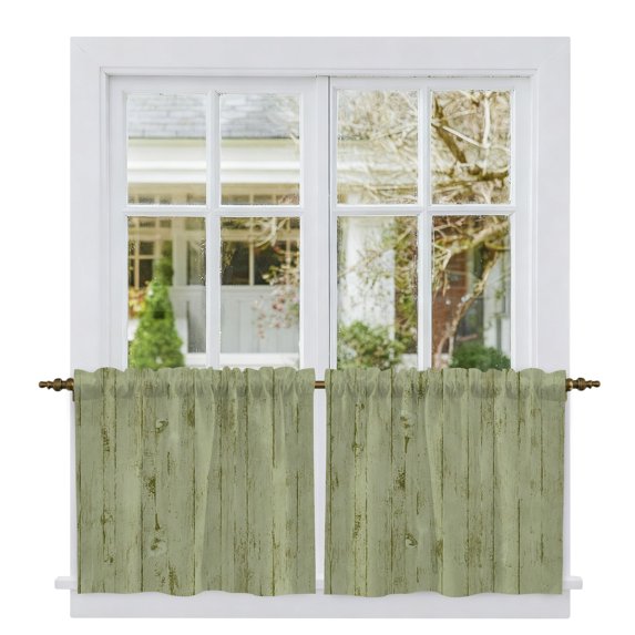 Sage Green Tier Curtains 24 Inch Length, Farmhouse Vintage Shabby Wooden Grain Cafe Short Curtains for Bathroom Over Sink, Small Kitchen Curtain Light Filtering Tiered Drapes 2 Panels 27.5"Wx24"L