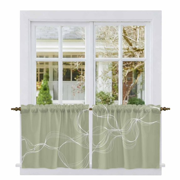 Sage Green Tier Curtains, Minimalist Abstract Modern White Art Light Filtering Kitchen Curtains, 2Pcs Rod Pocket Half Window Treatments Panels for Sink Cafe Cabinet Camper 27.5x36 Inches