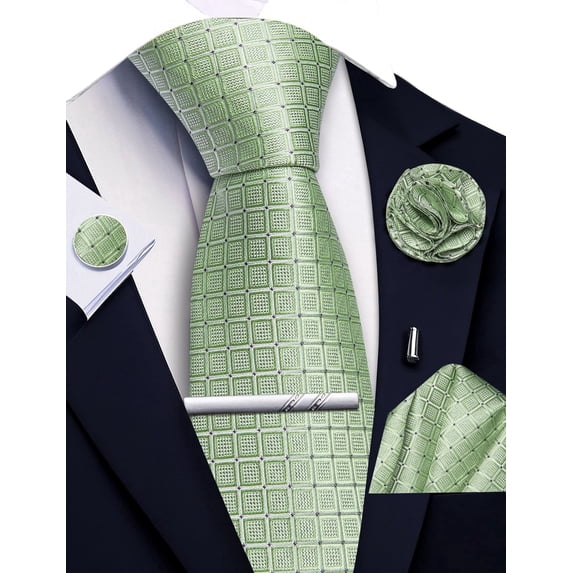 Sage Green Ties for Men Plaid Checkered Tie Set Silk Necktie Pocket Square Handkerchief Cufflinks Lapel Pin Tie Clip