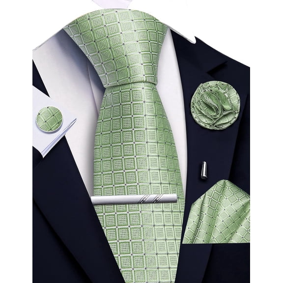 Sage Green Ties for Men Plaid Checkered Tie Set Silk Necktie Pocket Square Handkerchief Cufflinks Lapel Pin Tie Clip