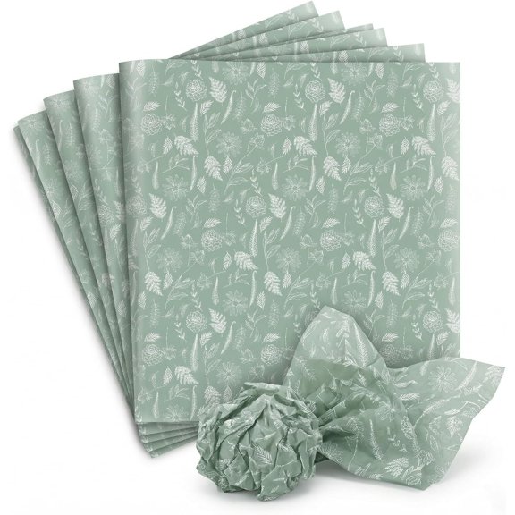 Sage Green Tissue Paper Bulk, 100 Sheets 14 x 20 Inch Botanical Floral Tissue Paper for Bags, Wrapping, Wedding, Birthday, Shower and Crafts
