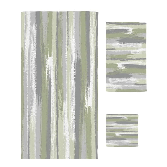 Sage Green Towel Set of 3, Soft Microfiber Bath Towels, Hand Towel, Washcloths, Modern Abstract Grey Striped Art Quick-Dry Absorbent Towels for Bathroom Kitchen Hotel Beach Gym Spa