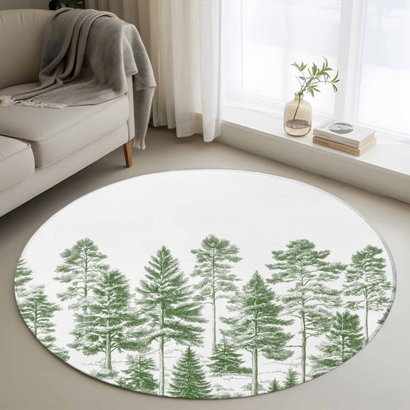 Sage Green Tree 3FT Round Area Rugs for Living Room Pine Trees Forest Plants Ultra-Thin Non-Slip Round Rugs Machine Washable Low Pile Circle Carpet for Bedroom Kitchen Nursery