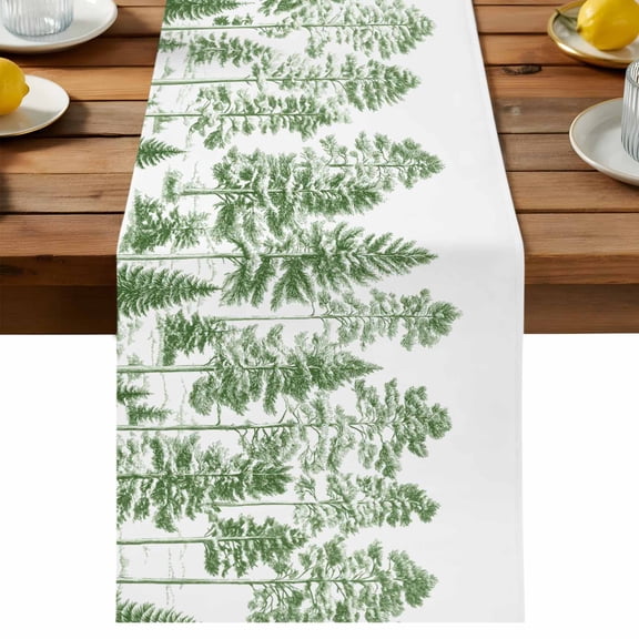 Sage Green Tree Table Runner, Pine Trees Cotton Linen Table Cloth, Forest Plants Tablerunner for Kitchen Dining Party Wedding Home Decor 13x36 Inch