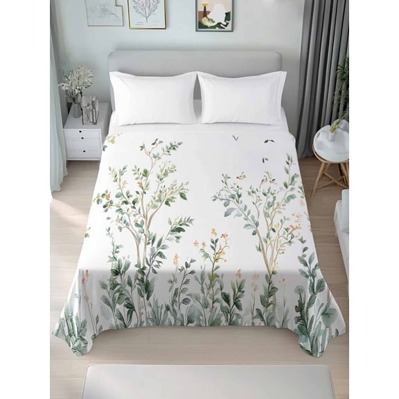Sage Green Trees Queen Size Flat Sheet, Wrinkleproof & Fadeproof Cooling Flat Bed Sheet Only, Green Eucalyptus Leaves Breathable Soft Bedding Top Sheets 90 x 102 Inches