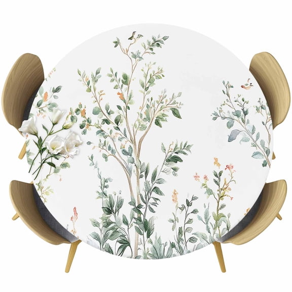 Sage Green Trees Round Tablecloth 36-44 Inch Round Fitted Table Cloth with Elastic Edge, Green Eucalyptus Leaves Waterproof Table Cover Protector for Outdoor Picnic Party Dining