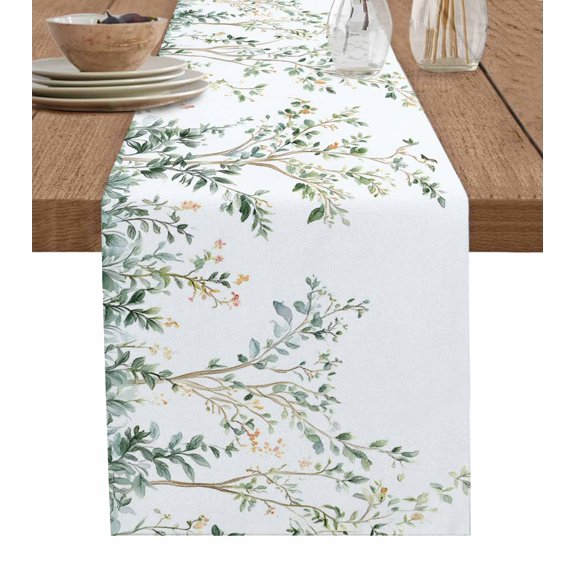 Sage Green Trees Table Runner 70 Inches, Green Eucalyptus Leaves Bed Runner Dresser Scarves Tabletop for Indoor Outdoor Parties/Ceremony/Banquet, 13" x 70"