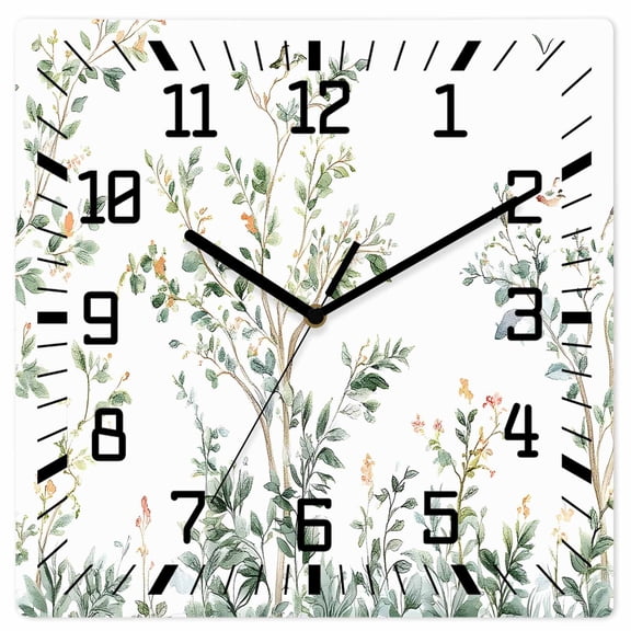 Sage Green Trees Wooden Wall Clock Silent Non Ticking, Green Eucalyptus Leaves Square Wall Clocks Battery Operated, Decor Clock for Home Office, Living Room, Kitchen, 10 Inch