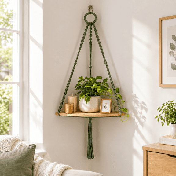 Sage Green Triangle Corner Wall Hanging Shelf Boho Decor Storage Unit