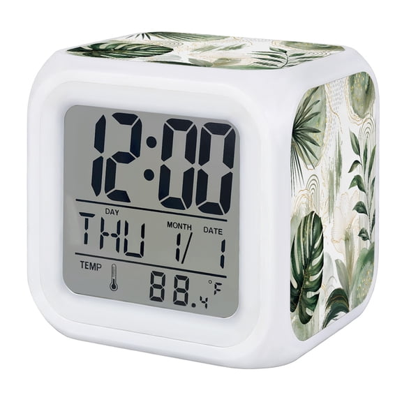 Sage Green Tropical Boho Digital Alarm Clock for Bedrooms, Smart LED Alarm Clock with 7 Color Changing Night Light, Summer Palm Leaves Art Silent Wake Up Clocks for Sleep Study Cooking 3.2"x3.2"
